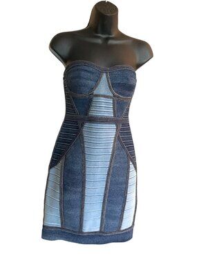 Herve Leger Denim Bandage Strapless Dress & Jacket Set Indigo Medium Cotton Blen